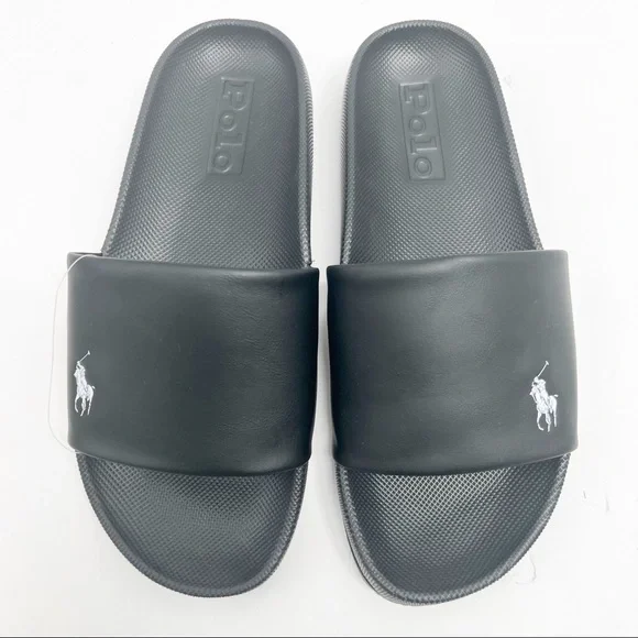 Polo Ralph Lauren CAYSON SOLID BLACK w/ White Pony Slide Sandals Size 10US  NWT